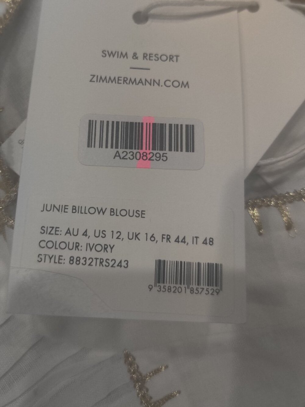 ZIMMERMANN Top Size AU4 UK16 US12 XL new oversized $850.00 - Picture 3 of 4